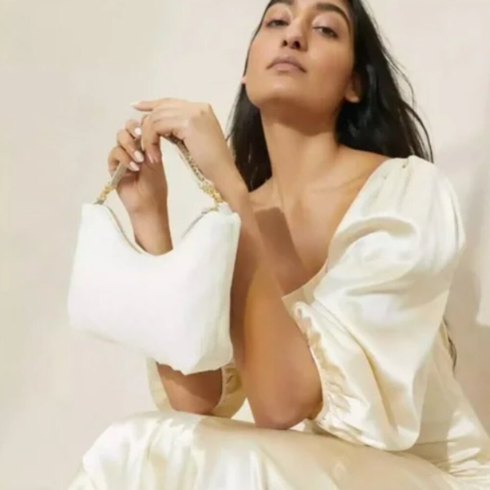 Loeffler Randall Addy Baguette Small Shoulder Bag in Pearl White w Rhinestones